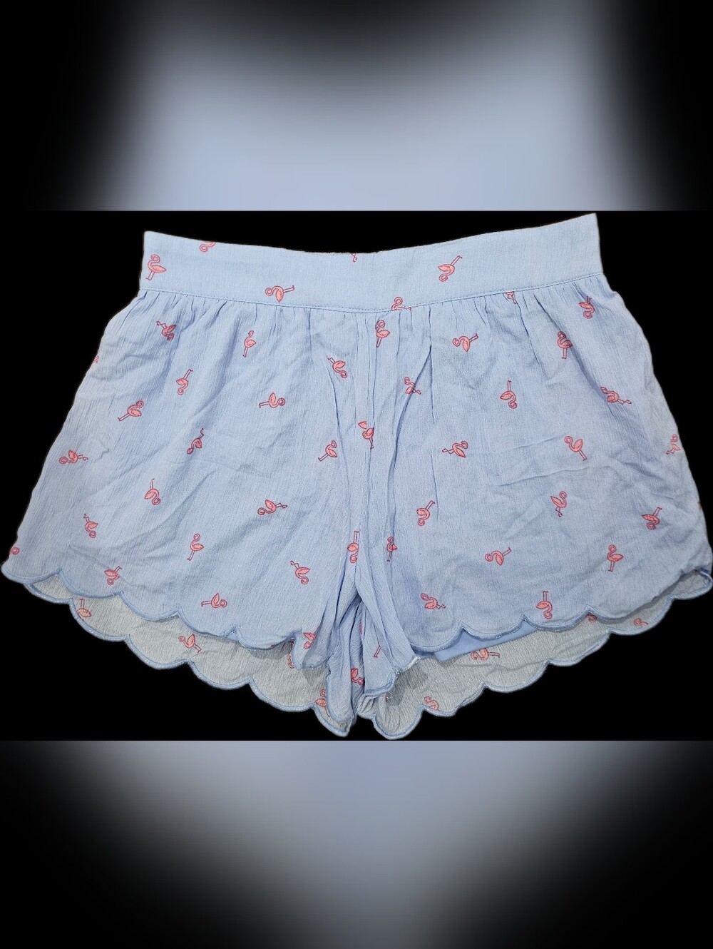 Light Blue Flamingo-Print Scalloped Shorts